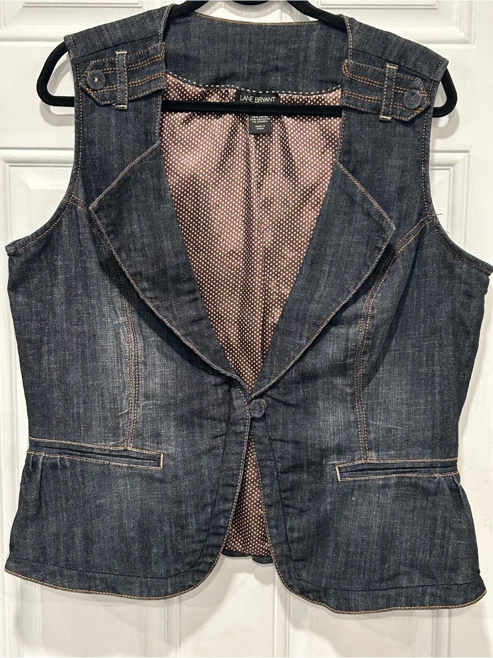 Vintage Lane Bryant Tailored Denim Vest Polka Dot Lined Dark Wash Size 18W